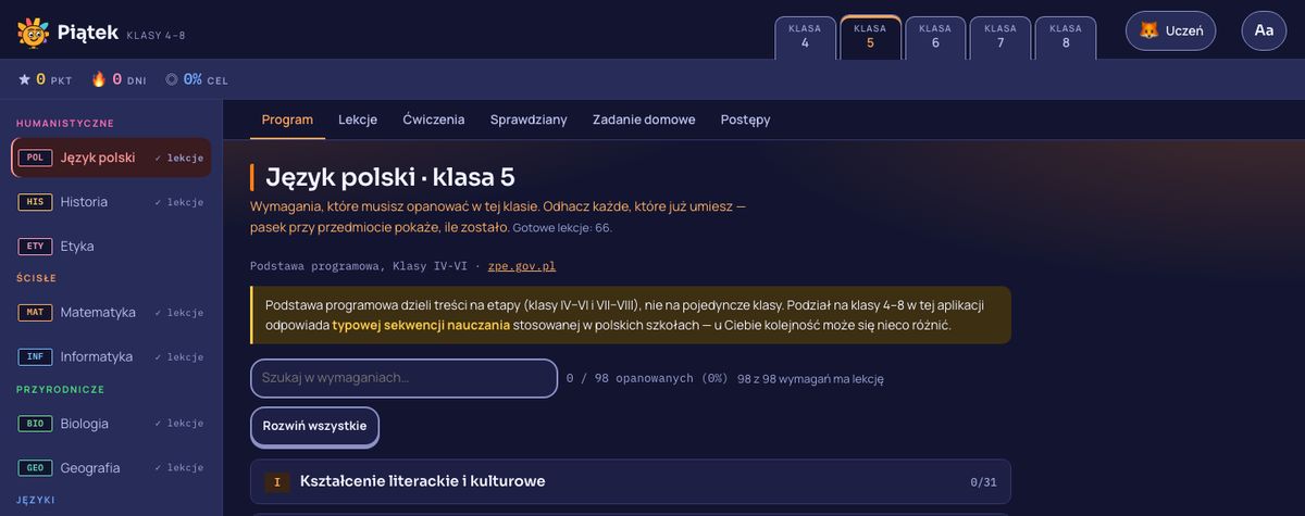 Zrzut ekranu: Aplikacja edukacyjna